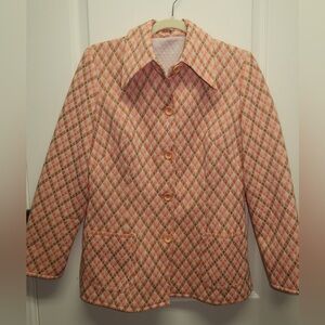 Vintage 60s 70s Retro Orange Brown Pointed Collar Checkered Polyester Jacket